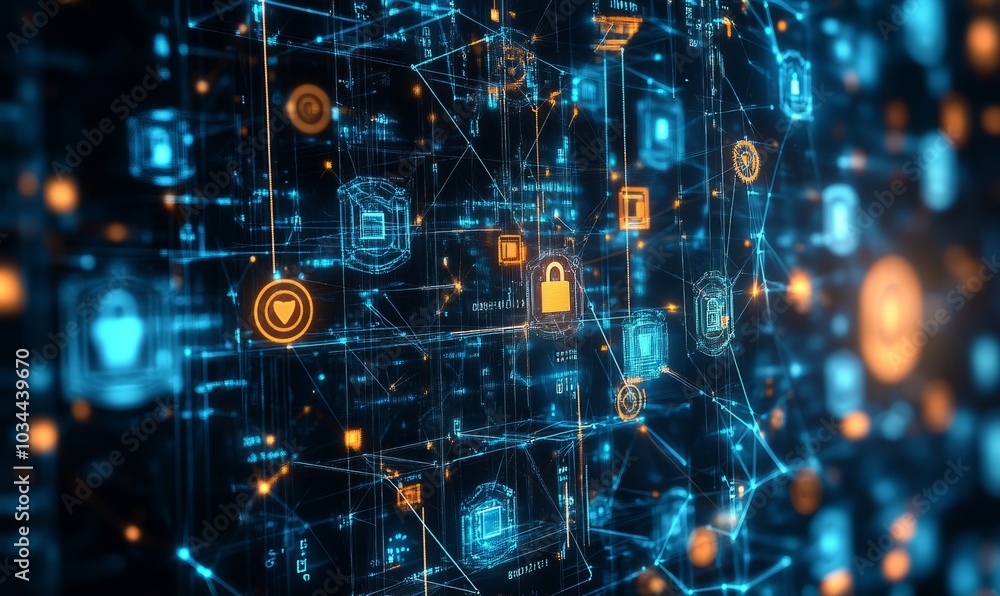 Poster cyber security network and data protection technology on interface. ai security, block chain, digita