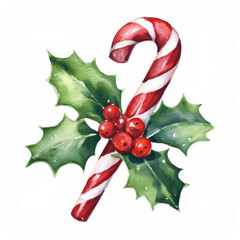 Watercolor christmas red and white candy cane on a white background