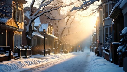 Fototapeta premium Sunbeams illuminate a snowy street lined with houses