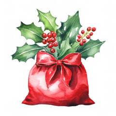 Watercolor christmas red bag and red ribbon on a white background, with christmas decoration, banner 