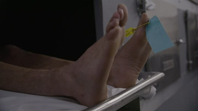 Close up toe tag morgue feet of corpse