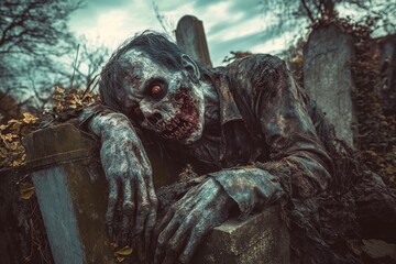 Horrifying zombie with glowing eyes and bloody mouth emerging from a foggy graveyard, perfect for Halloween-themed horror concepts