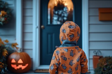 Back view of a child in an orange Halloween costume with bat pattern standing at a front door with a glowing jack-o'-lantern nearby, evoking trick-or-treat anticipation