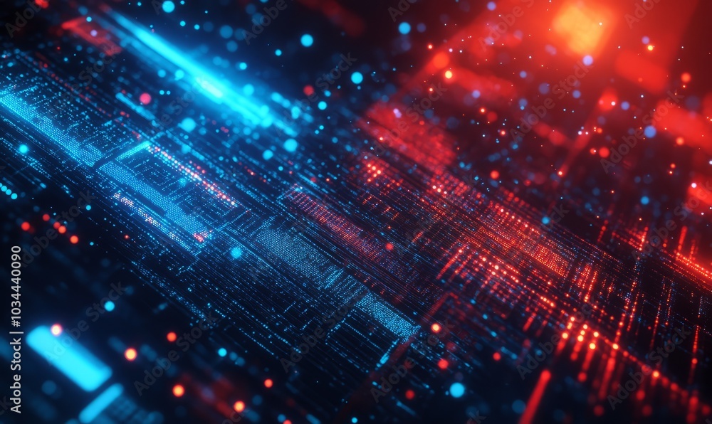 Poster digital space abstract background, dark cyberspace with data blocks and blue bright light. concept o