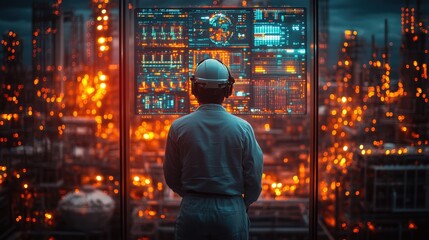 Back view of an engineer in a white uniform and helmet standing at a digital screen displaying energy data, in an industry setting 