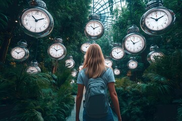 Walking through a surreal forest of floating clocks in a lush garden