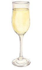 Champagne glass. Watercolor wine glass with white wine. Sparkling wine. Glamorous New Year's drink. Festive cocktail.
