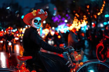 Cyclist in skull paint rides through night in Mexico City