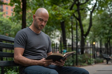 Obraz premium Man reading a book on a park bench surrounded by greenery