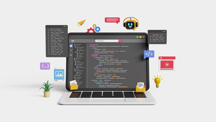 Software and web development with AI. Smart AI coding assistant. Generating code or debugging application code. 3D AI robot helps to write coding programs on a laptop