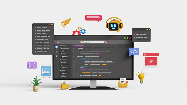 Software and web development with AI. Smart AI coding assistant. Generating code or debugging application code. 3D AI robot helps to write coding programs on a computer