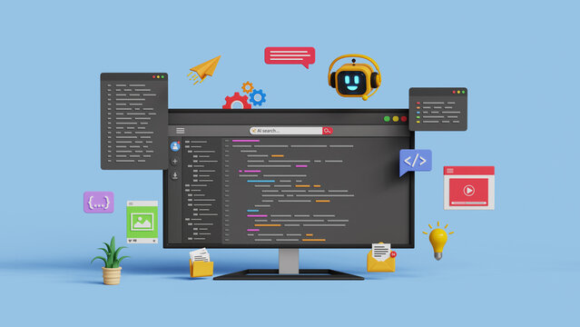 AI code assistant or web development. AI software technology. Software development or coding process concept. 3D smart robot help to write code. Coding UI screen on 3d computer