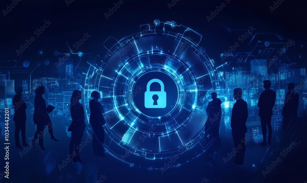 Poster cybersecurity concept global network security technology, business people protect personal informati