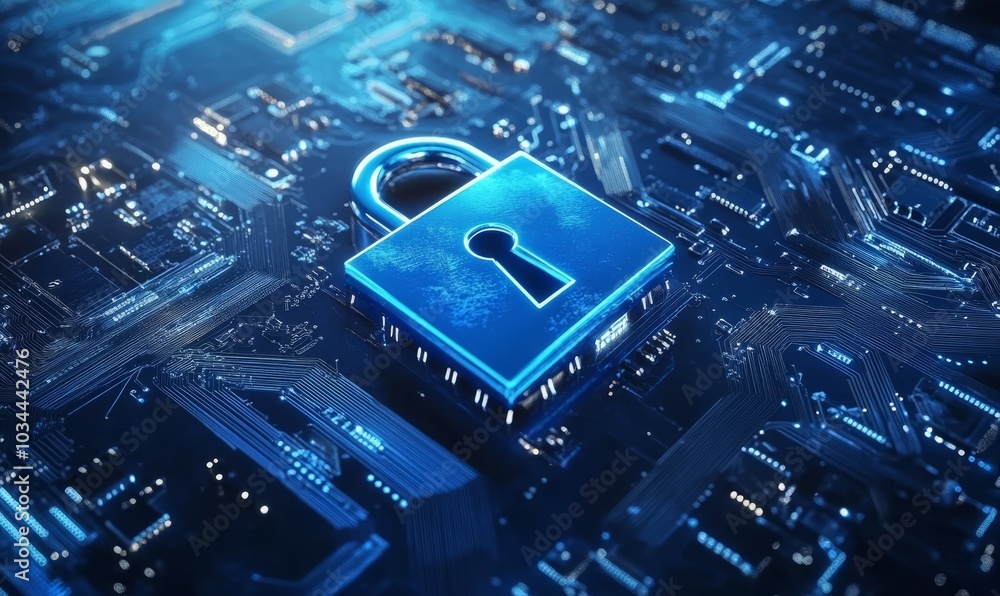Poster cyber security concept: circuit board with closed padlock icon on it. blue padlock with circuit line