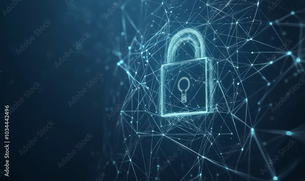 Poster cyber security concept. lock symbol from lines and triangles, point connecting network on blue backg