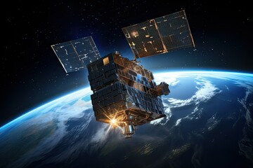 A satellite is positioned in low Earth orbit transmitting data while monitoring natural phenomena and supporting global scientific initiatives