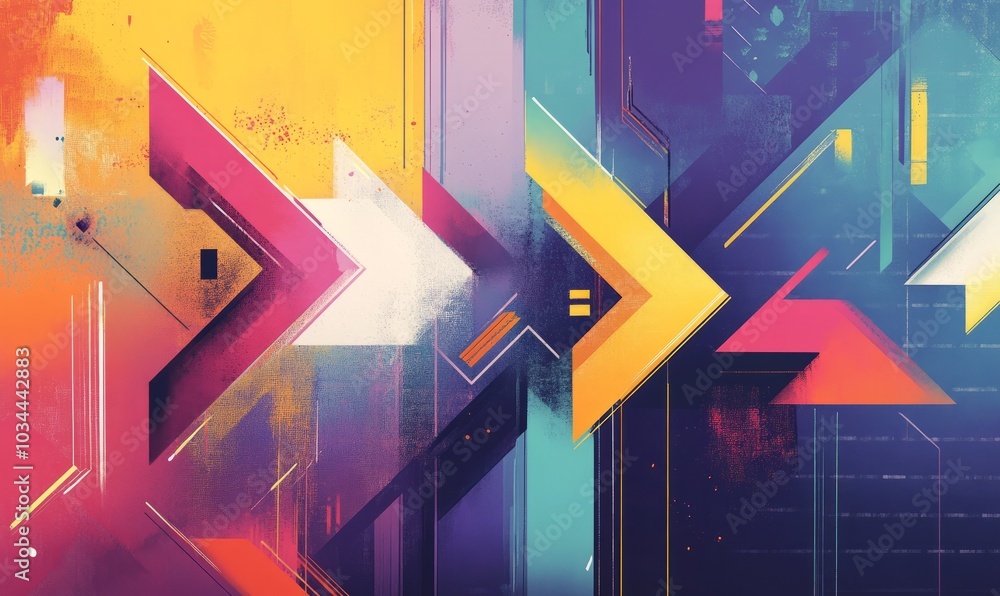 Poster colorful and dynamic abstract arrows pointing in various directions on a vibrant background
