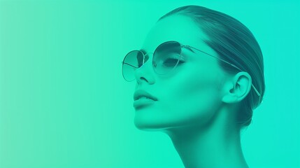 Obraz premium Monochromatic portrait of woman in sunglasses, hair in a bun, teal color overlay, futuristic style, minimalistic composition, gradient background, copyspace for text, conceptual art.