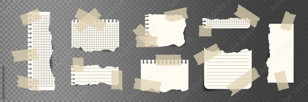 Poster set of realistic torn paper fragments from notebook with sticky tape. scraps paper sheet with ripped