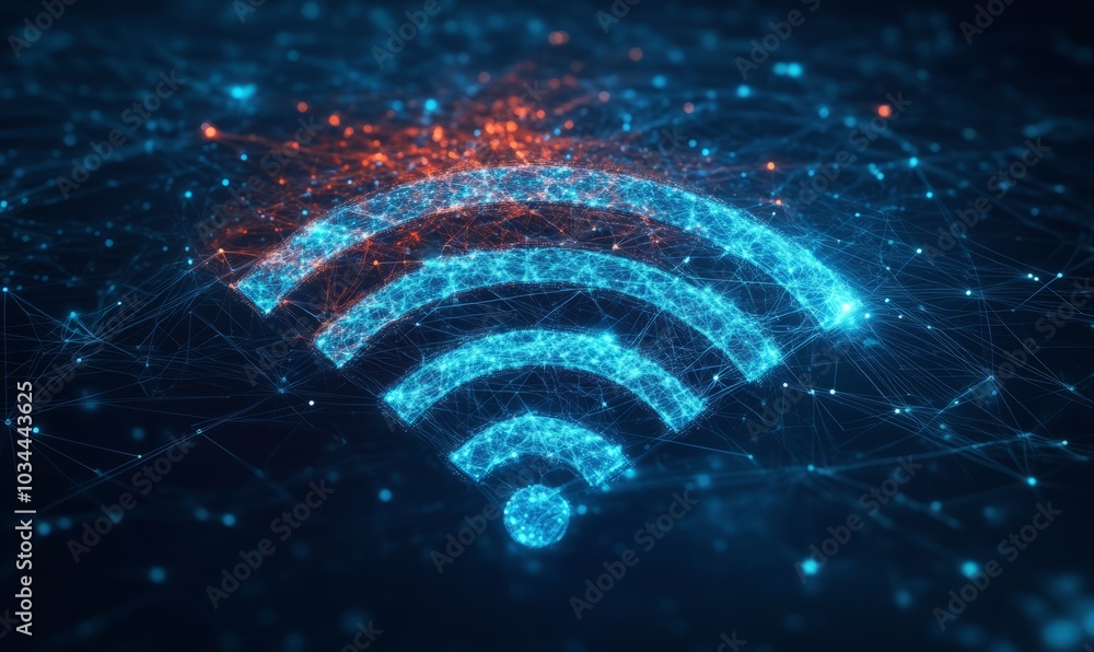 Poster creative digital wifi and radio waves on dark background.digital signal science concept