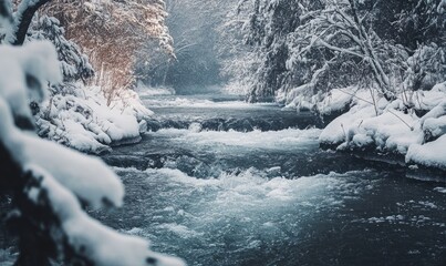 Icy river flowing through a winter forest, with snow-covered branches hanging over the water