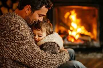 Father lovingly holding his sleeping child by the fireplace, creating a cozy and warm scene

