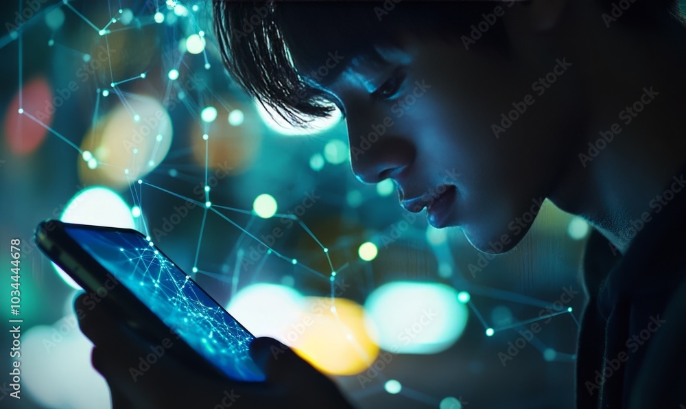 Poster close up young man use smartphone to surfing the internet with virtual interface fiber optical telec