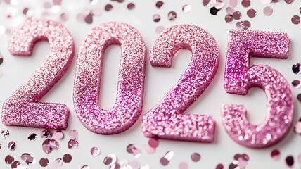 Pink Glitter 2025 numbers on a white background scattered with sequins. 