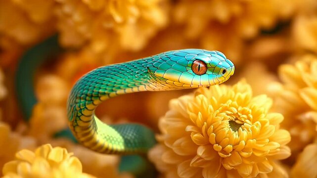 Close-up of a green snake surrounded by yellow flowers, representing the Chinese New Year of the Green Snake and the beauty of nature.