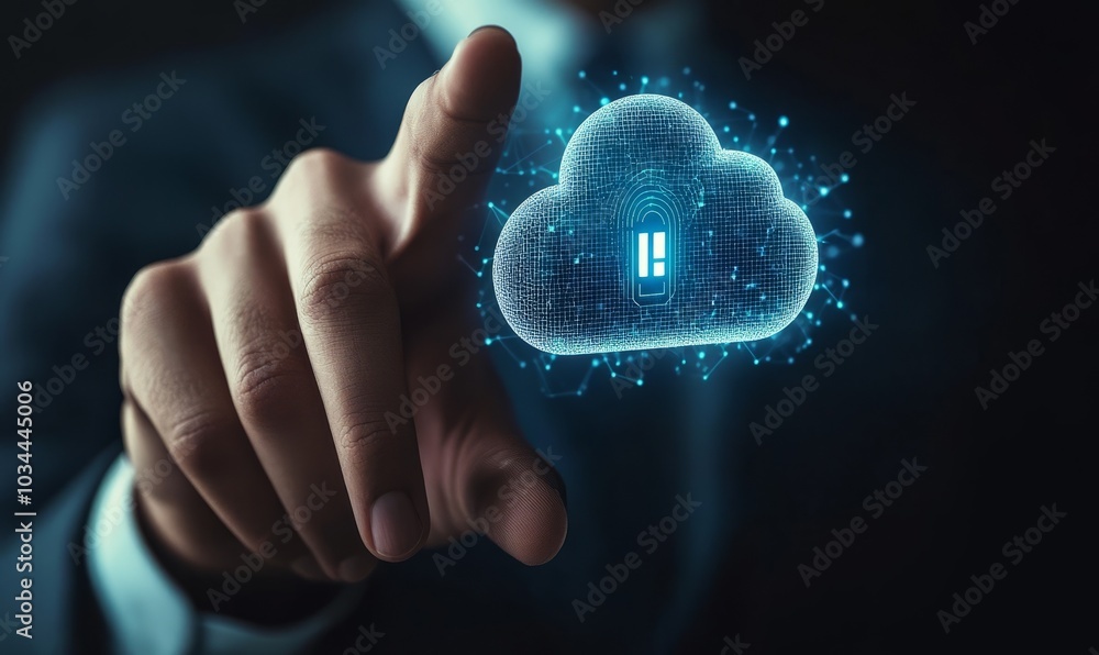 Aufkleber businessman and fingerprint scanning unlock and access to business data network.