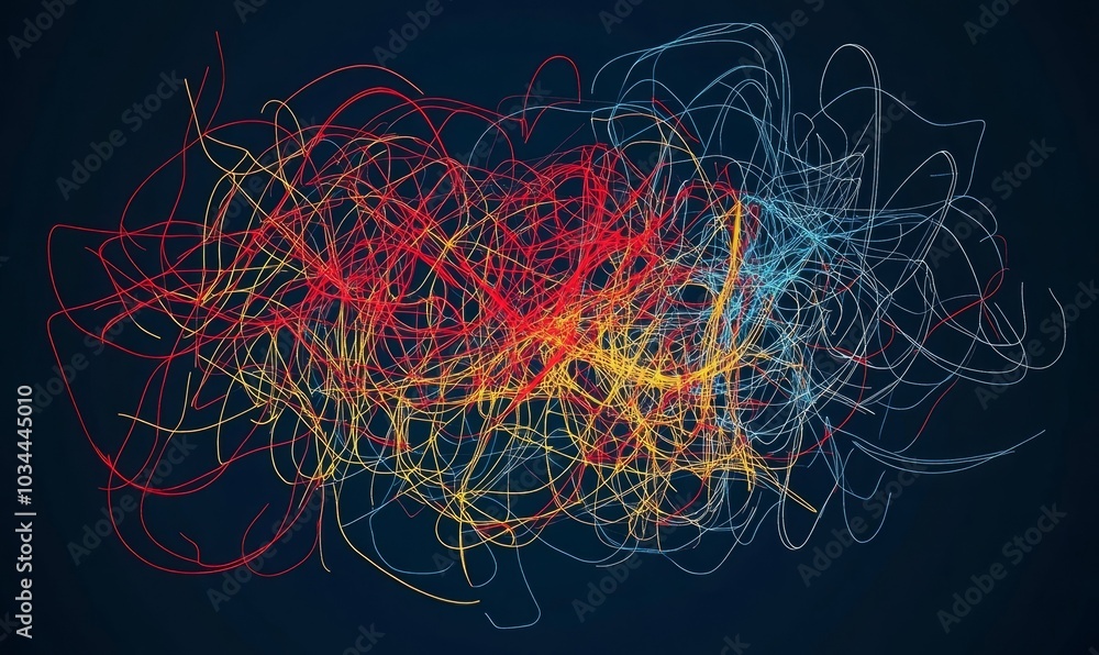 Poster complex messy connected lines as concept of chaos solving. process of problem simplifying in mind.