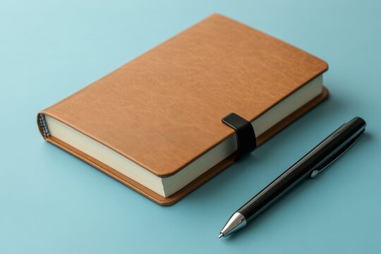 Brown leather notebook and black pen on a blue background.