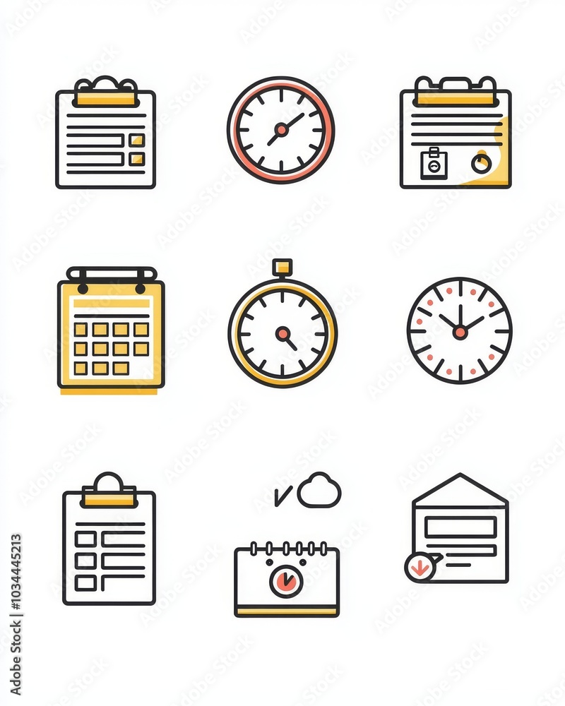 Poster icon set for time management and effective business planning. set of labels with elements related to