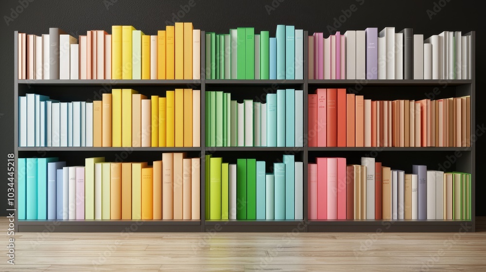 Poster the background consists of a gigantic bookshelf filled with books of all colors of the rainbow, a br
