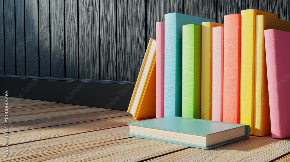 Poster a multi-colored bookshelf, a background made up of a wall of colored books of every color of the rai