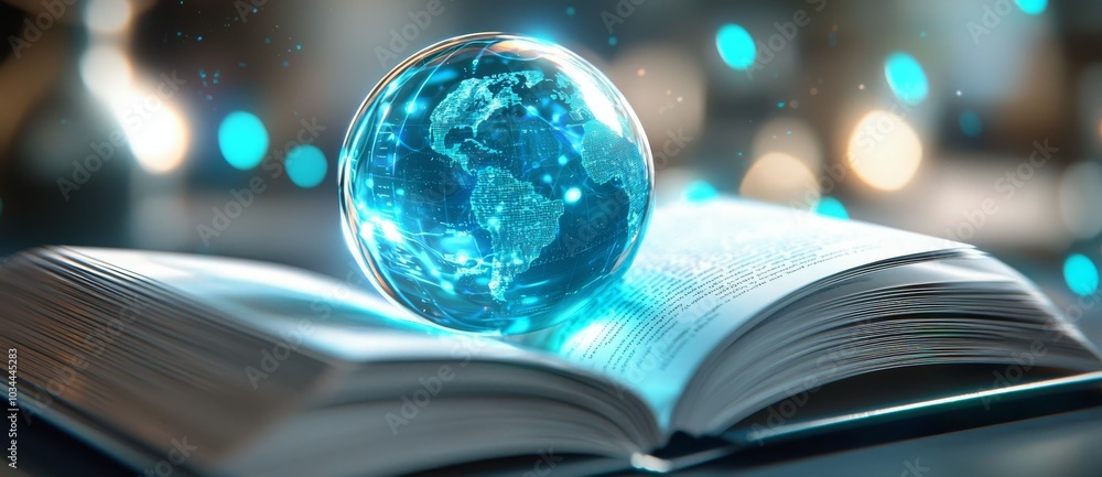 Poster an image of futuristic global education with an open book and planet map on a blue background.