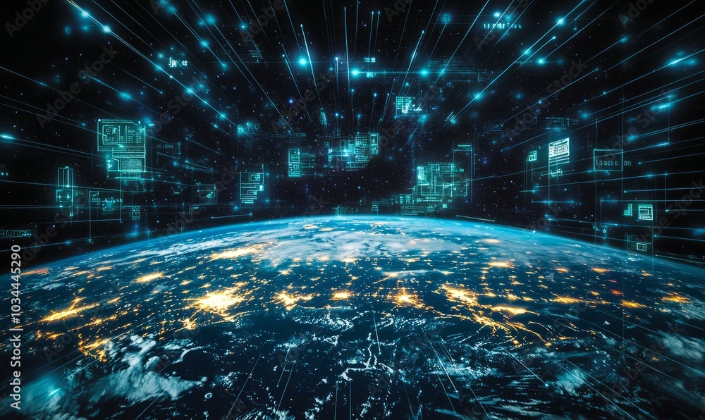 Poster communication technology for internet business. global world network and telecommunication on earth 