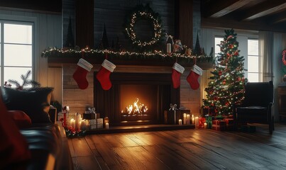 Christmas mantle decorated with pine garlands, candles, and stockings, overlooking a cozy living room with festive decor
