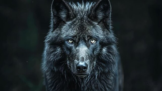 A black wolf stares intently into the camera, its piercing blue eyes seeming to pierce through the darkness