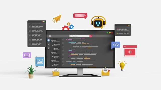 Software and web development with AI. Smart AI coding assistant. Generating code or debugging application code. 3D AI robot helps to write coding programs on a computer. 4K 3D animation