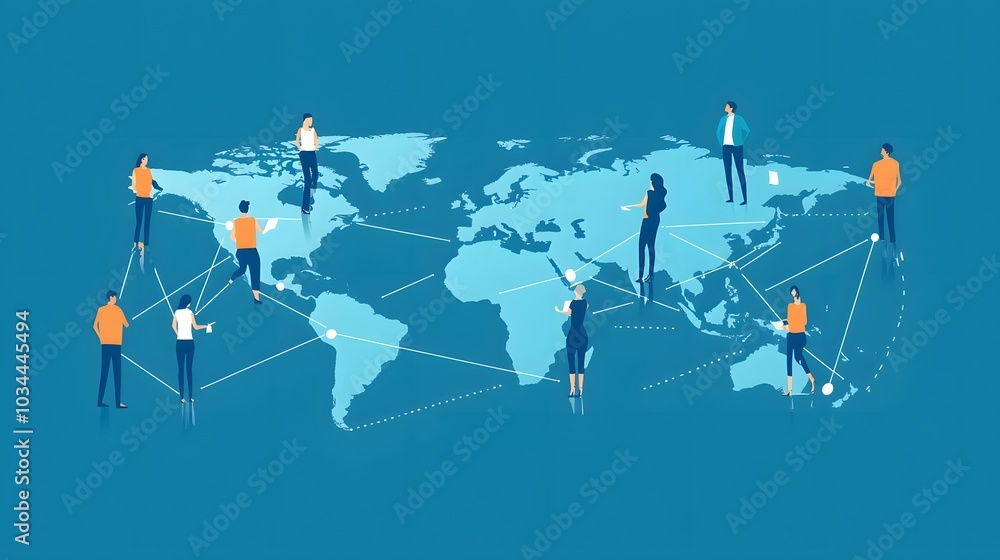 Poster global network of people connected by lines on a world map