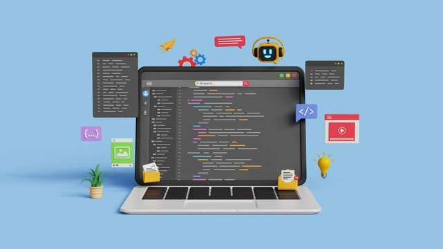 AI code assistant or web development. AI software technology. Software development or coding process concept. 3D smart robot help to write code. Coding UI screen on 3d laptop. 4K 3D animation