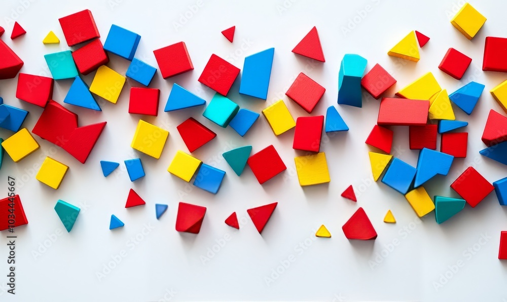Poster colorful geometric shapes in primary colors scattered over a white surface, creating a vibrant and d