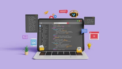 Software development with AI. AI coding assistant. Smart web and app development. 3D robot assistant help to write code. 3D coding UI screen on laptop. 4K 3D animation
