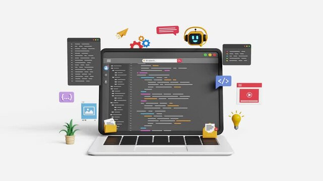 Software and web development with AI. Smart AI coding assistant. Generating code or debugging application code. 3D AI robot helps to write coding programs on a laptop. 4K 3D animation