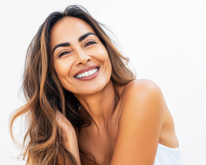 beautiful latina model woman in her 40s with long hair portrait for skincare hair care or headshot 