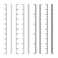 Vertical measurement scales with divisions. Realistic scale for measuring length or height in centimeters, millimeters or inches. Ruler, tape measure marks, size indicators. Vector illustration