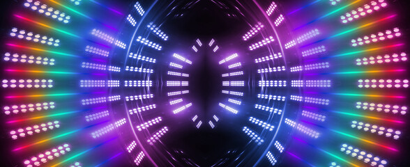 Abstract neon scene with lights and spotlights.