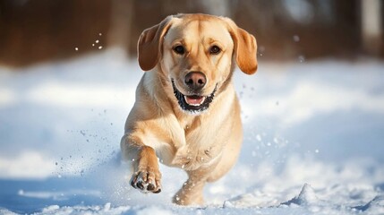 Dog playing in the snow, joyfully bounding through a winter landscape