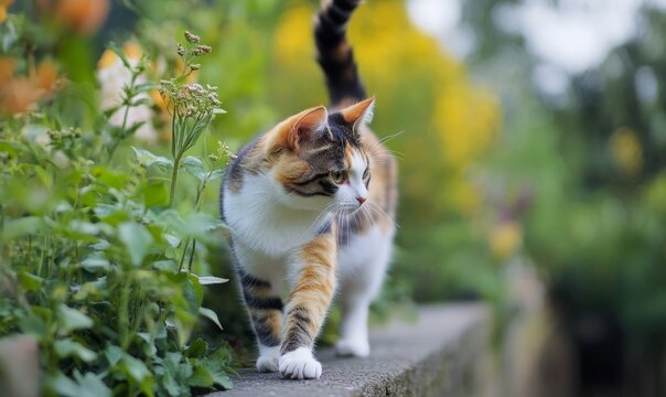 Close-up of a Calico Cat standing on a wall Stretching its front paws in a Garden - Powered by Adobe